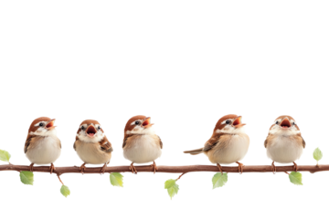 Sparrows perched on a branch against a white isolated background.