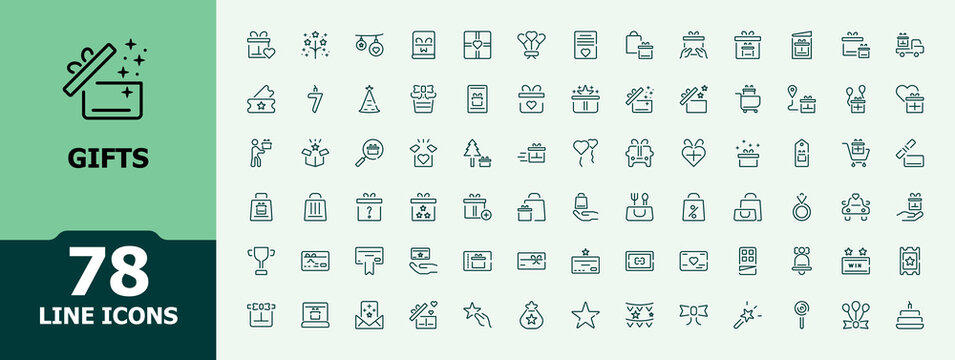 Set of minimalist line icons related to gift. Surprise, gift, award, celebrate, present, and so on. Vector outline icons set.