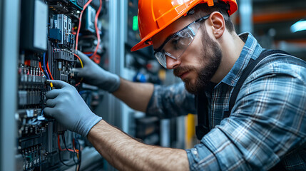 Technician Repairing a CNC Machine: Inside a precision manufacturing plant, a technician is working on a CNC machine, with its panels open.