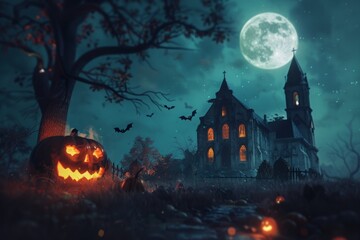 A Halloween scene with a large pumpkin and bats flying around a church