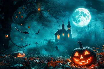 A Halloween scene with bats flying in the sky and a large moon in the background