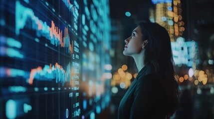 Business woman in financial services, featuring a professional with financial charts, stock market symbols, and digital financial tools, representing leadership in the finance and investment sectors.