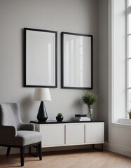 A modern living room interior design with a mock-up template, an empty reflective poster frame on a wall 3d illustration, and an interior design mock-up image.