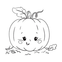 cute smiling pumpkin with leaves in cartoon style,black outline vector illustration isolated on white background, design for coloring or activity books for children and toddlers