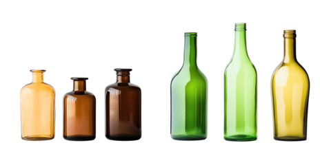 Assorted amber and green glass bottles, white isolate background.