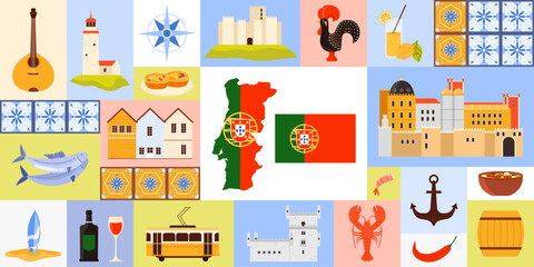 Travel to Portugal set, elements of culture and architecture in banner with color geometric design. Azulejo ceramic tiles with ornament, flag and map, food and wine cartoon vector illustration