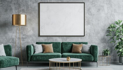 Modern living room with a green sofa and a framed canvas