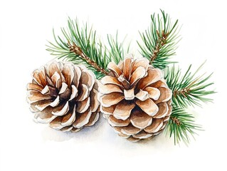 Watercolor illustration of two pine cones with a pine branch, natural tones, white background.