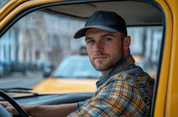 Young man driving a yellow taxi in a bustling city street during the daytime