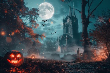 Obraz premium A Halloween scene with a large moon, bats, and a castle
