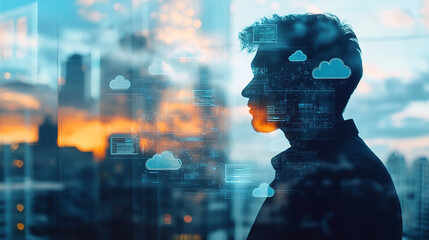 Double exposure Businessman integrates cloud-based platforms for seamless communication with global partners.