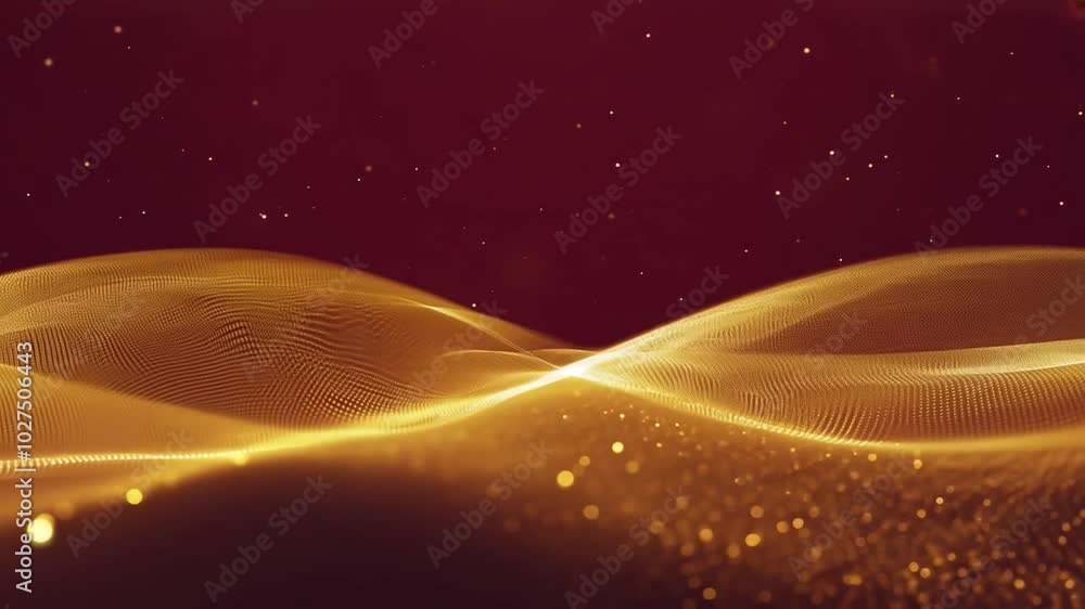 Poster abstract golden particles floating over red background.