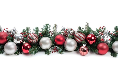 Festive Holiday Ornaments on Pine Branches