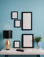 A modern living room interior design with a mock-up template, an empty poster frame on a wall 3d illustration, and an interior design mock-up image.