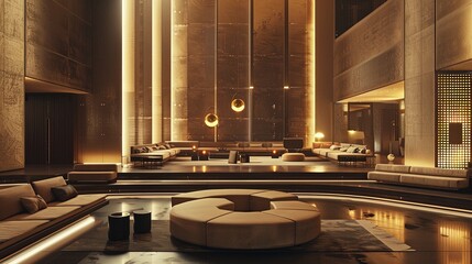 futuristic architectural image of a sitting area in an upscale hotel, brown and subtle beige tones, moody lighting, cinematic, generative Ai 
