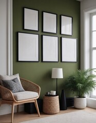 Fototapeta premium A modern living room interior design with a mock-up template, an empty poster frame on a wall 3d illustration, and an interior design mock-up image.