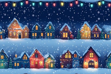 Fototapeta premium A charming illustration of a snow-covered village at night during the holiday season. Rows of colorful houses are adorned with glowing Christmas lights, while large snowflakes gently fall from the sky