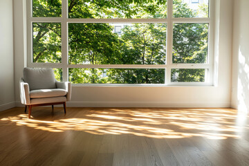 Cozy room with a chair and large windows letting in natural light.
