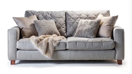 Cozy gray couch with pillows and fur blanket