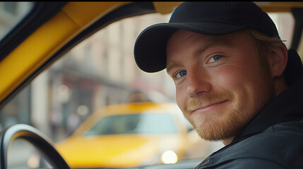 A cheerful taxi driver smiles while waiting for passengers in a busy city street