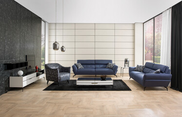 modern interior with stone wall decoration and sofa and parquet. decorative background for home, hotel, office