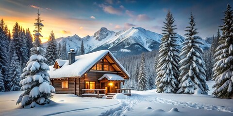 Naklejka premium Cozy mountain retreat amidst snowy peaks, winter wonderland escape