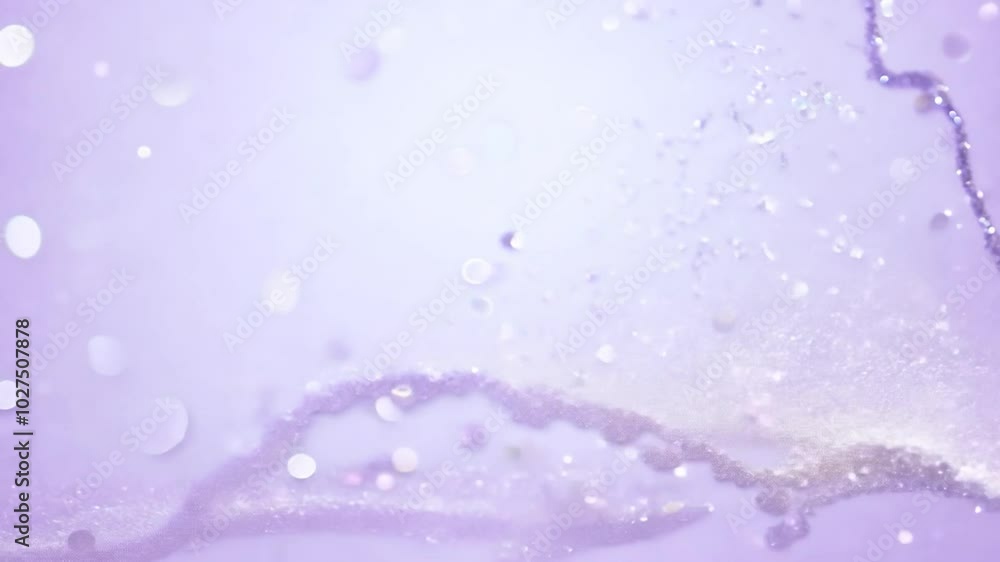 Poster abstract purple background with sparkling water splash and bokeh lights.