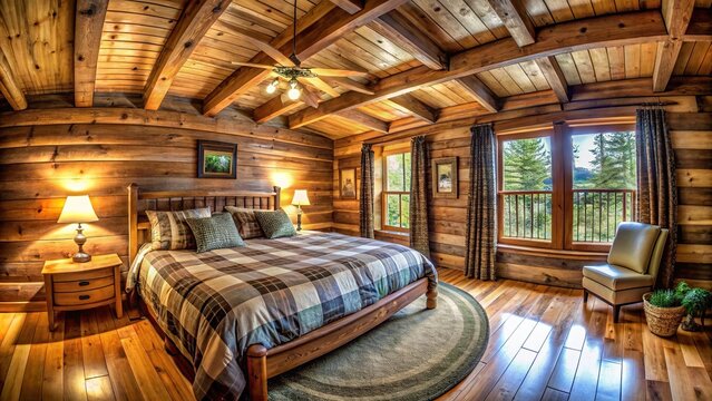 Cozy rustic cabin bedroom with plush bedding and nature-inspired decor