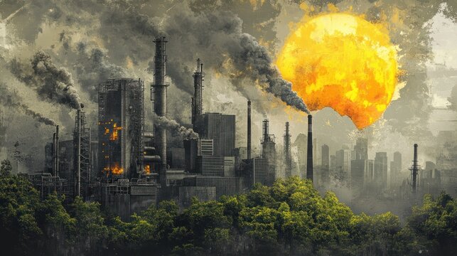 Climate change causes, showing industrial emissions, deforestation, and fossil fuel use, symbolizing the primary contributors to climate change and environmental degradation.