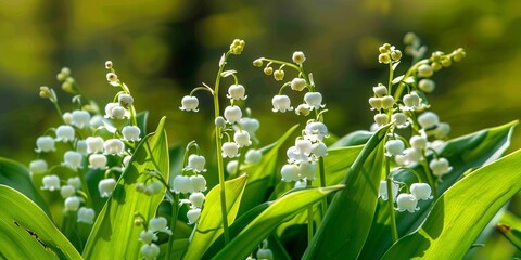 Obraz premium A close-up of delicate white lily of the valley flowers blooming in a lush green field. The flowers are arranged in a cluster, with the green leaves surrounding them. 