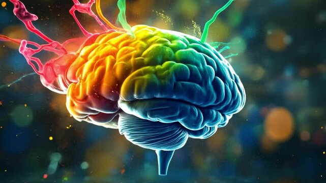 Human brain explodes with splashes of colorful particles. Represents creativity, innovation, imagination, and ideas for art and knowledge, Explosion of creativity colorful human brain spark new ideas 