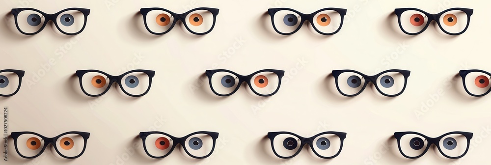 Poster colorful eyeglasses showcase unique designs against a backdrop of playful, stylized eyes, creating a