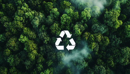 A white recycling symbol is seen in the center of an aerial view of a dense green forest, with mist rising from below. symbolizing the call to recycle and reuse