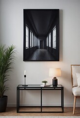 A modern living room interior design mock-up template with an empty poster frame on a wall 3d illustration, interior design mock-up image.