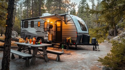 Cozy Evening Camping in a Woodland Forest with Caravan and Warm Lights