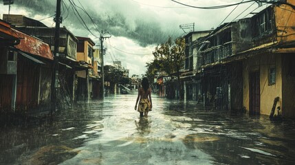 Climate change effect on marginalized communities, depicting vulnerable populations facing the brunt of climate impacts such as flooding, heatwaves,