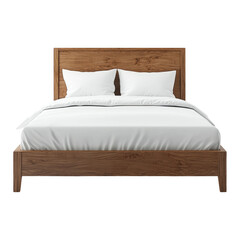 Isolated Wooden Bed with White Bedding on Transparent Background