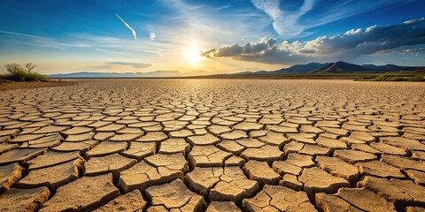 Cracked ground of a dried up lake in the desert silhouette