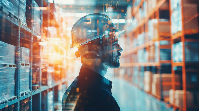Double exposure Engineer hardhat oversees the implementation of automated warehousing systems for international logistics.