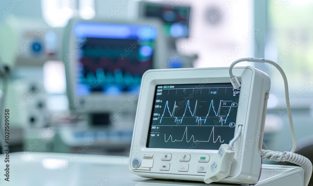 Poster computer monitor displays a graph of a heart rate. the monitor is connected to a device that is atta