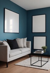 A modern living room interior design mock-up template with an empty reflective poster frame on a wall 3d illustration, interior design mock-up image.