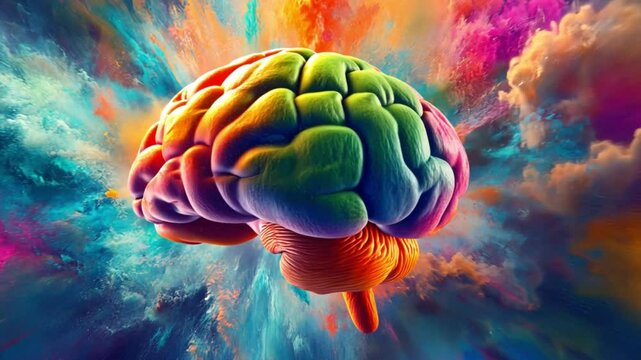 Human brain explodes with splashes of colorful particles. Represents creativity, innovation, imagination, and ideas for art and knowledge, Explosion of creativity colorful human brain spark new ideas 
