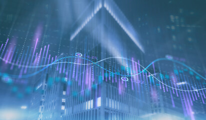 Stock market business concept. Financial graphs and digital indicators with modern city background