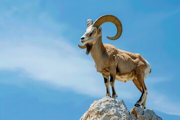 Obraz premium A male bighorn sheep stands on a rocky outcrop against a clear blue sky.
