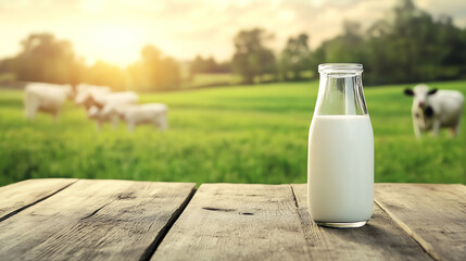 bottle of fresh milk on wooden table with cows, AI generated