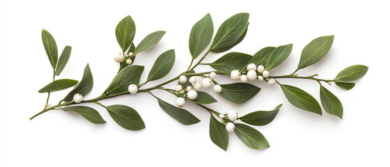 Obraz premium Green leaves with white berries on a branch, white isolate background.