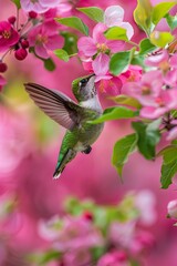 Fototapeta premium A ruby-throated hummingbird hovers in mid-air while feeding on nectar from pink blossoms.