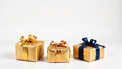 Fototapeta premium Three elegant gift boxes with ribbons on white background and copy space