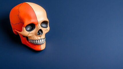 Designer Skull Concept Minimal Halloween skull design with orange tones on dark blue background, spooky yet modern style for seasonal creative visuals and copy space layout