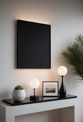 A modern living room interior design mock-up template with an empty poster frame on a wall 3d illustration, interior design mock-up image.